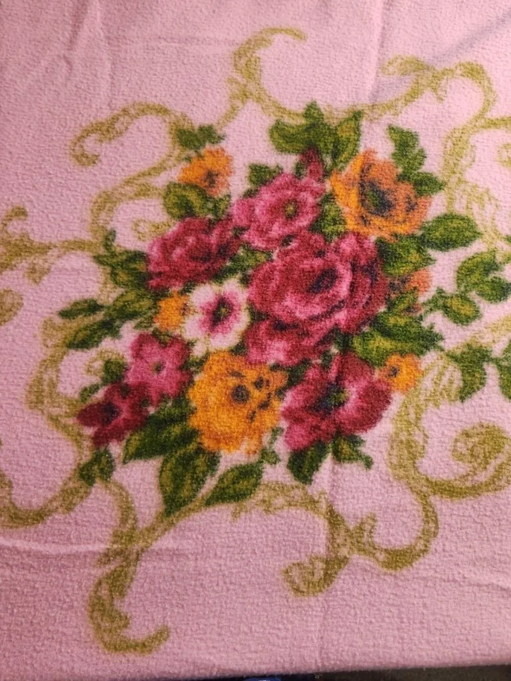 VTG Pink Floral Acrylic Blanket Satin Trim Full Size Retro 70s Kitsch Cottage